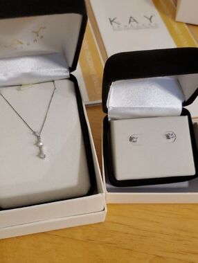 Kay 3 Stone Necklace 14K & Princess Cut Diamond Solitaire Earrings 1/4 Ct. 10K